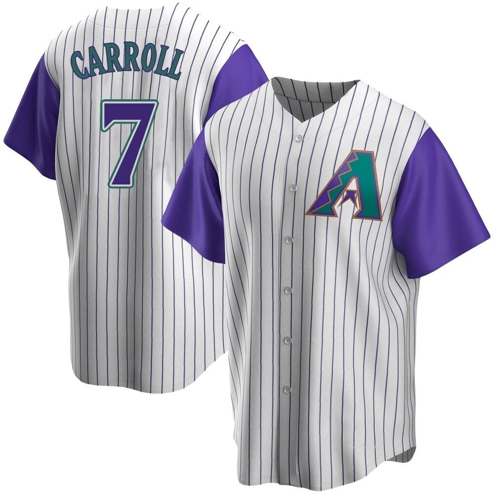 Men's Corbin Carroll Arizona Diamondbacks Replica Cream/Purple Alternate Cooperstown Collection Jersey