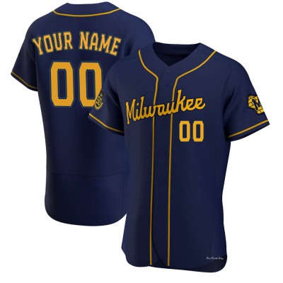 Men's Custom Milwaukee Brewers Authentic Navy Alternate Jersey