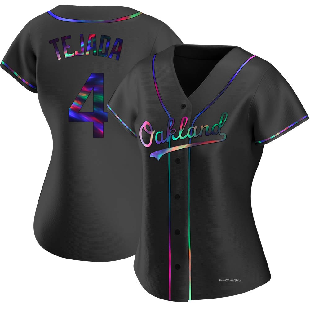 Women's Miguel Tejada Oakland Athletics Replica Black Holographic Alternate Jersey