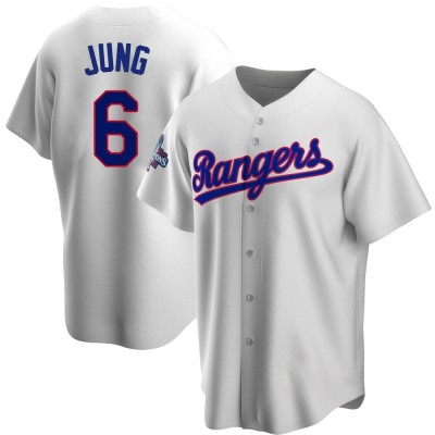 Youth Josh Jung Texas Rangers Replica White Home Cooperstown Collection 2023 World Series Champions Jersey