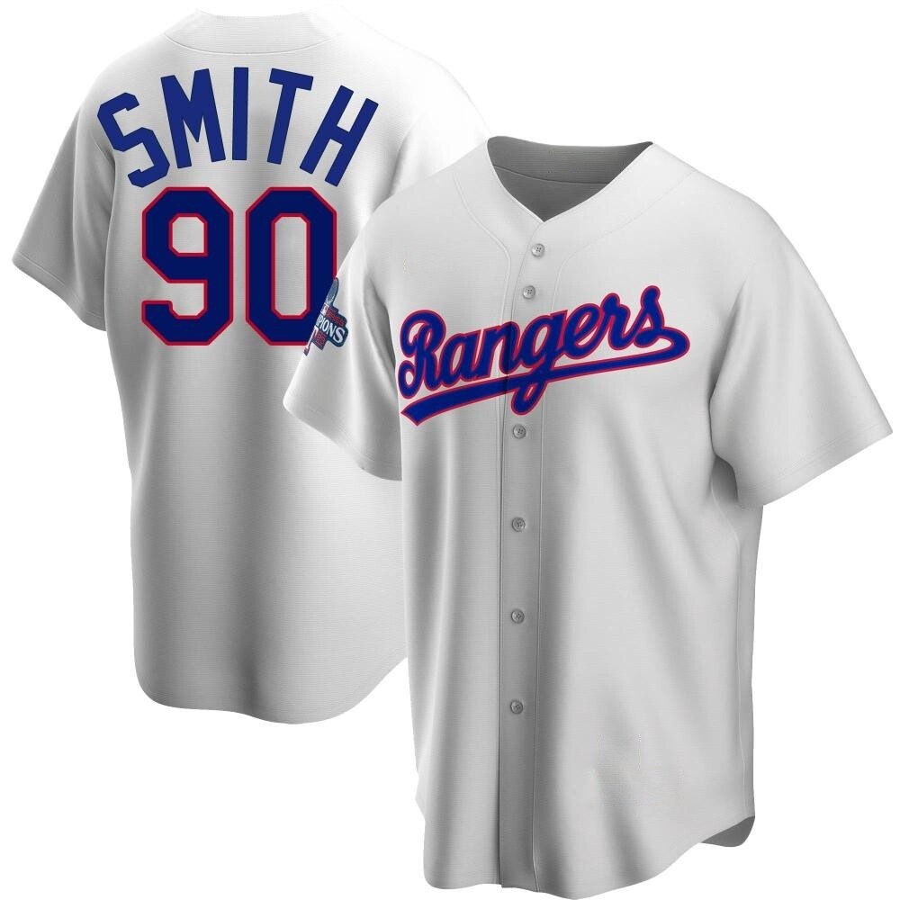 Youth Josh Smith Texas Rangers Replica White Home Cooperstown Collection 2023 World Series Champions Jersey