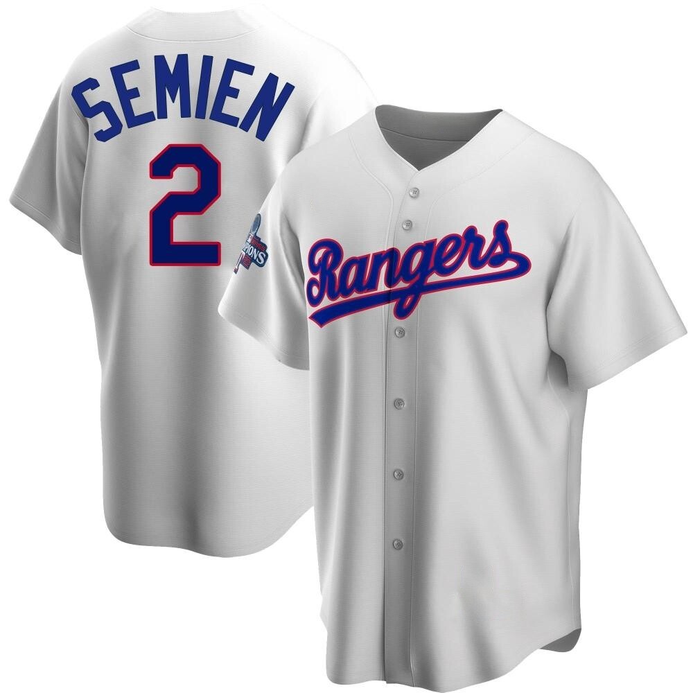 Youth Marcus Semien Texas Rangers Replica White Home Cooperstown Collection 2023 World Series Champions Jersey