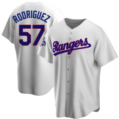 Youth Yerry Rodriguez Texas Rangers Replica White Home Cooperstown Collection 2023 World Series Champions Jersey